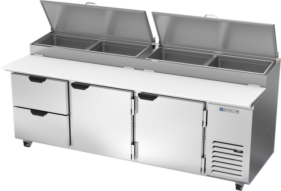 Product image #1 for Beverage-Air 93-Inch Three-Section Pizza Top Refrigerated Counter with 2 Doors and 2 Drawers