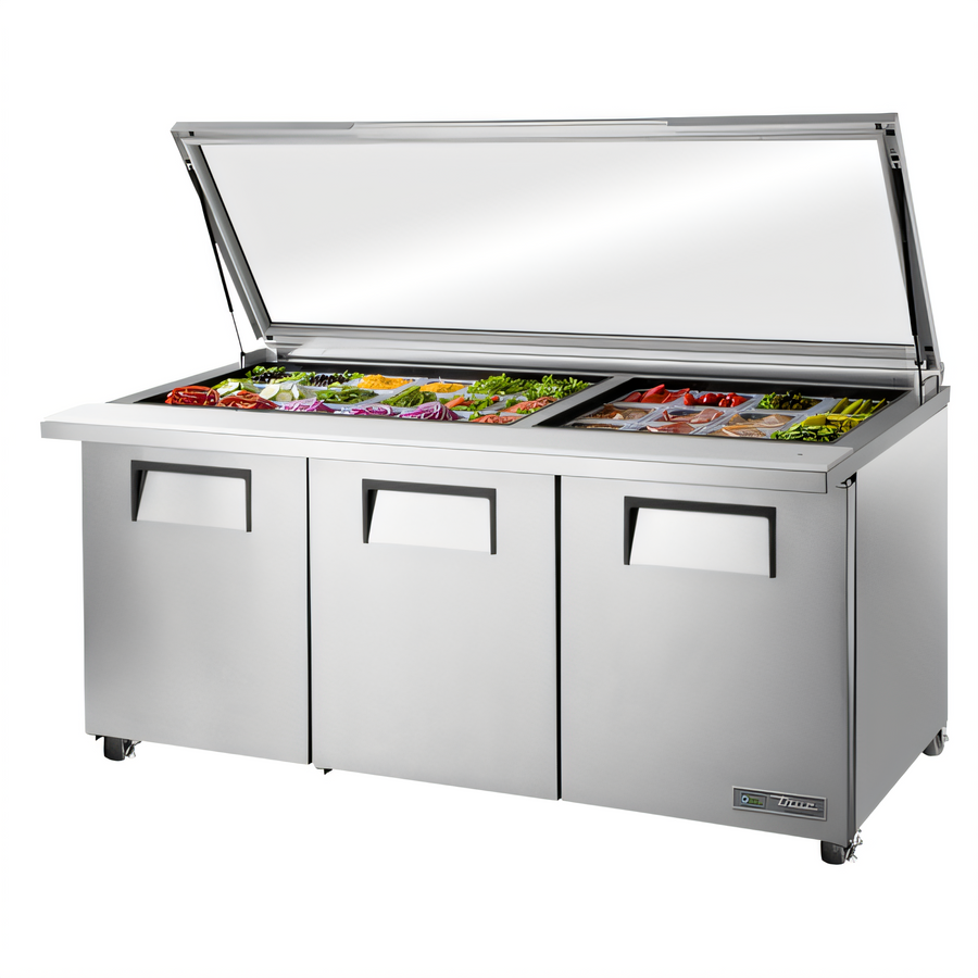 Product image #1 for True Refrigerated Mega Top Sandwich/Salad Prep Table with Flat Glass Lid, 72-Inch, 3 Solid Doors, 30-Pan Capacity