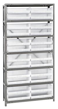 Quantum 7-Shelf Heavy Duty Wire Shelving Unit with 24 Clear Bins, 36 Inch L x 12 Inch D x 75 Inch H