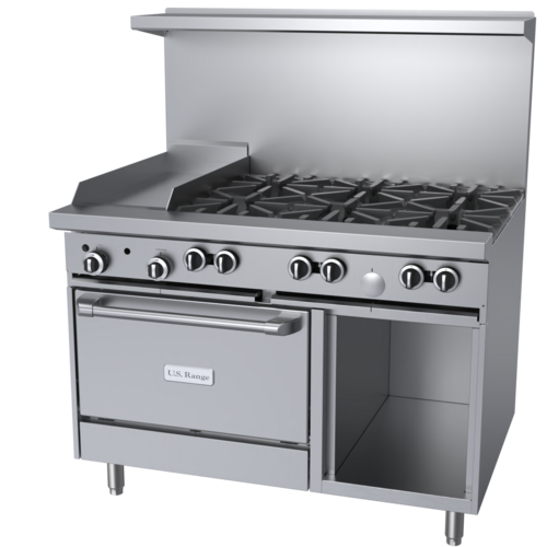 Product image #1 for US Range 48-Inch Gas Restaurant Range with 6 Open Burners, 12-Inch Griddle, Convection Oven, and Storage Base