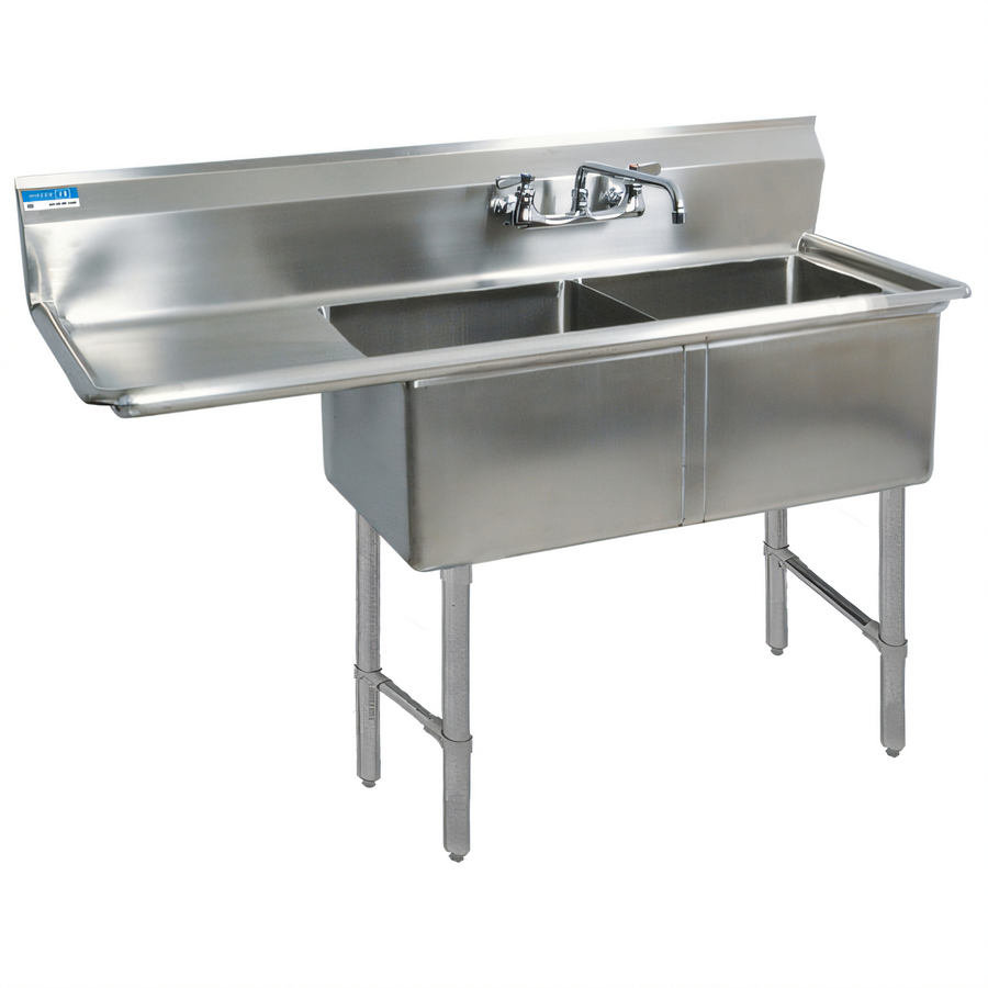 Product image #1 for BK Resources Two-Compartment Stainless Steel Sink with Left Drainboard, 18" x 18" x 12" Bowls