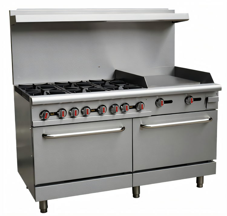 Product image #1 for Omcan USA 60-Inch Natural Gas Commercial Range with 6 Open Burners, 24-Inch Right Griddle, and 2 Standard Ovens