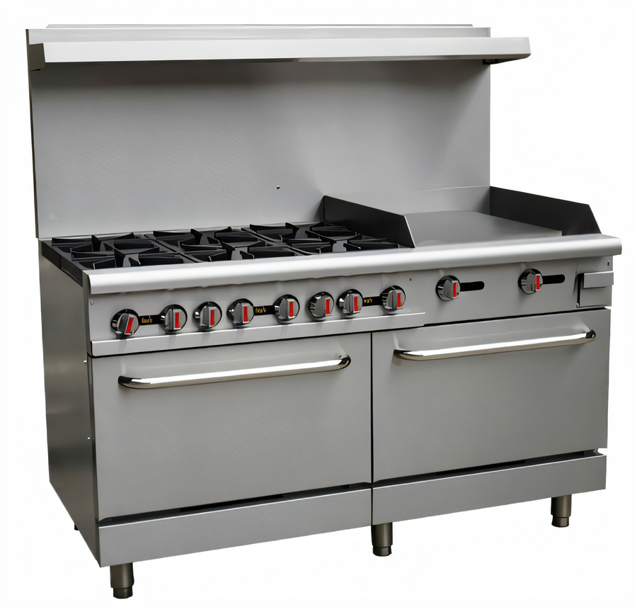 Product image #1 for Omcan USA 60-Inch Natural Gas Commercial Range with 6 Open Burners, 24-Inch Right Griddle, and 2 Standard Ovens