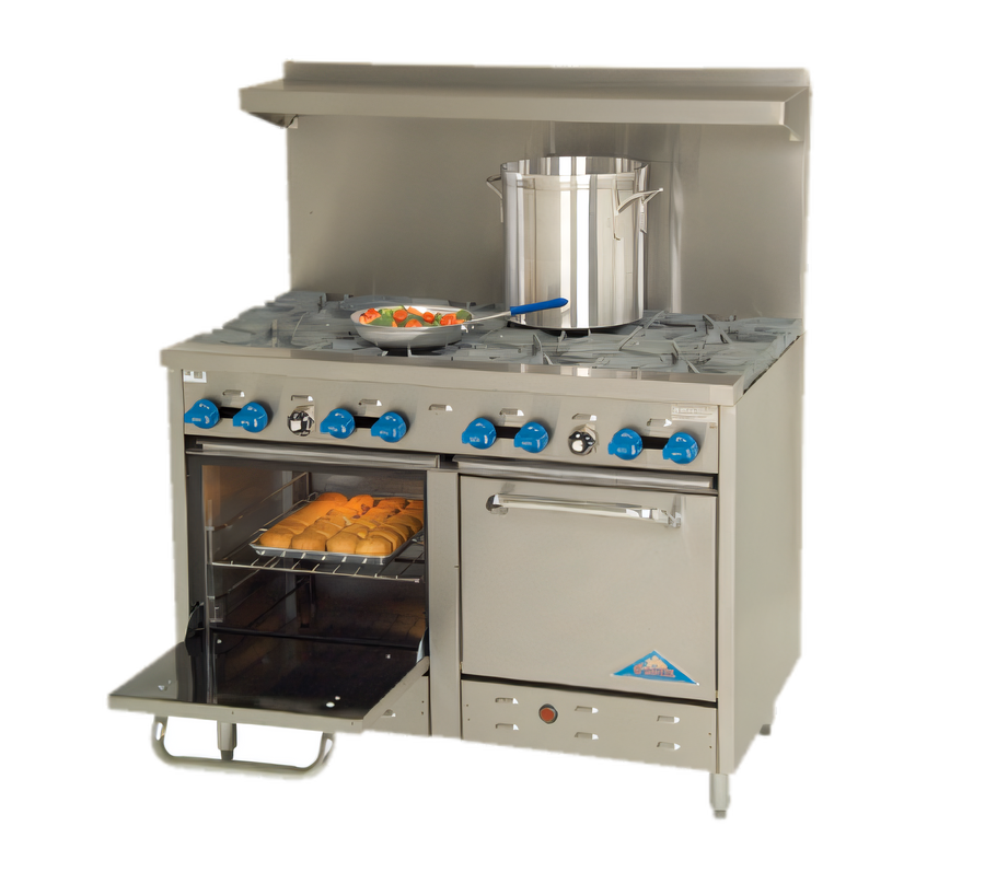 Product image #1 for Comstock-Castle F3218 48-Inch Commercial Gas Range with 8 Star Burners, 2 Space-Saver Ovens, and High Shelf