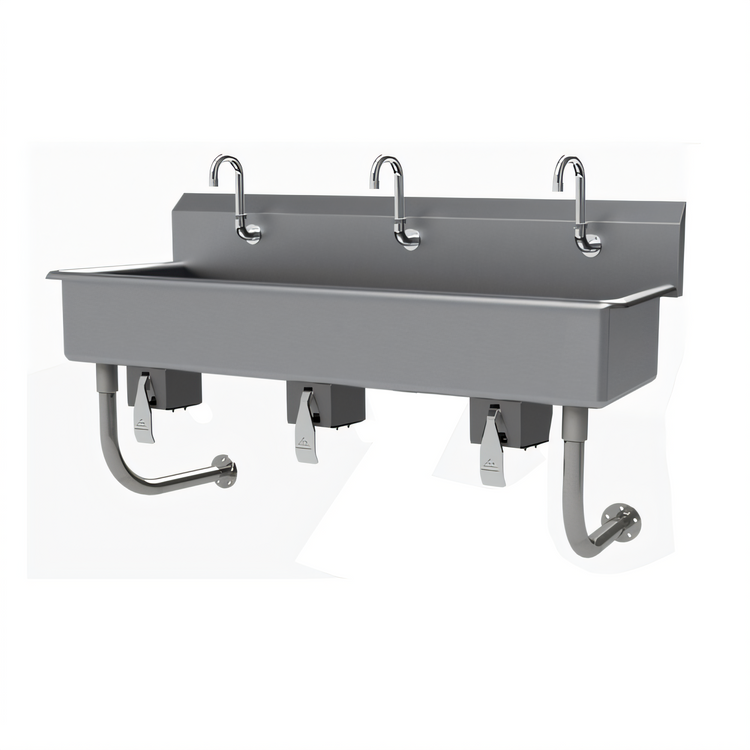 Product image #1 for Advance Tabco 60-Inch 3-Station Wall Mounted Knee Operated Hand Sink, 16 Gauge 304 Stainless Steel