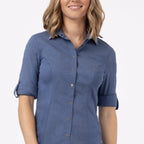 Thumbnail image #1 for Chef Works SES02W-BLU-XL Women's Utility Chef Shirt, Blue, Long Sleeve, Stretch Poly/Cotton, Snap Front, Small
