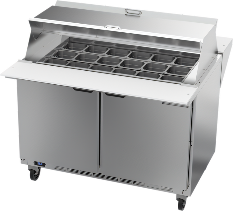 Product image #1 for Beverage-Air SPE48HC-18M-DS 48-Inch Dual-Side Mega Top Refrigerated Prep Table, Two-Section, 2-Door, 18-Pan