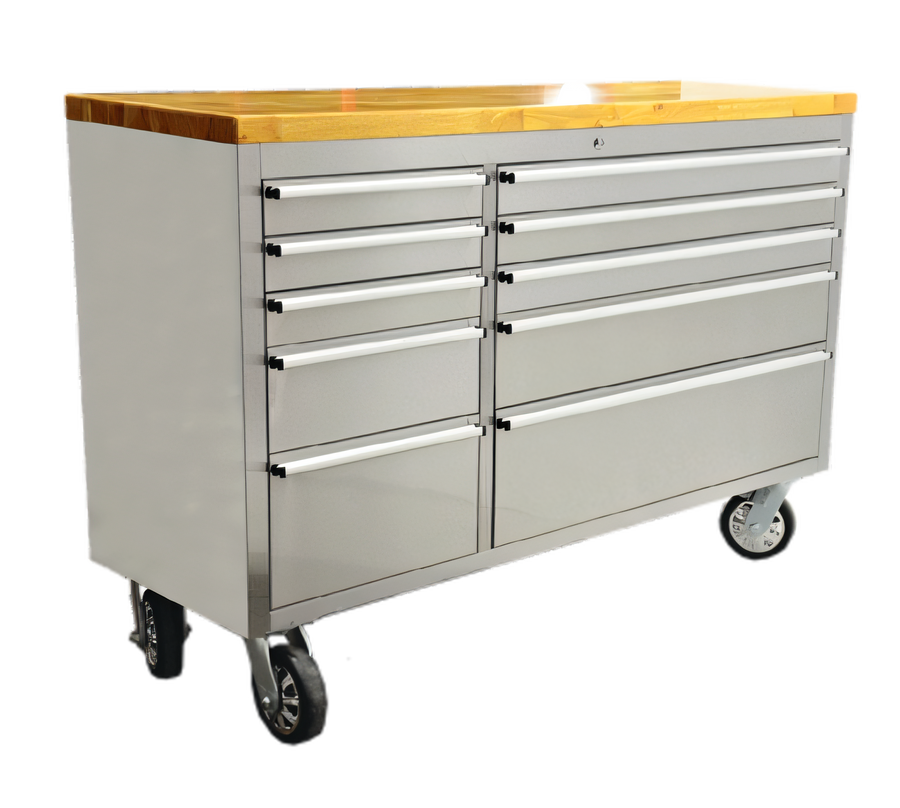 Product image #1 for Omcan USA Mobile Stainless Steel Work Bench with Rubberized Wood Top and 10 Locking Drawers, 55 x 18 x 37 Inches