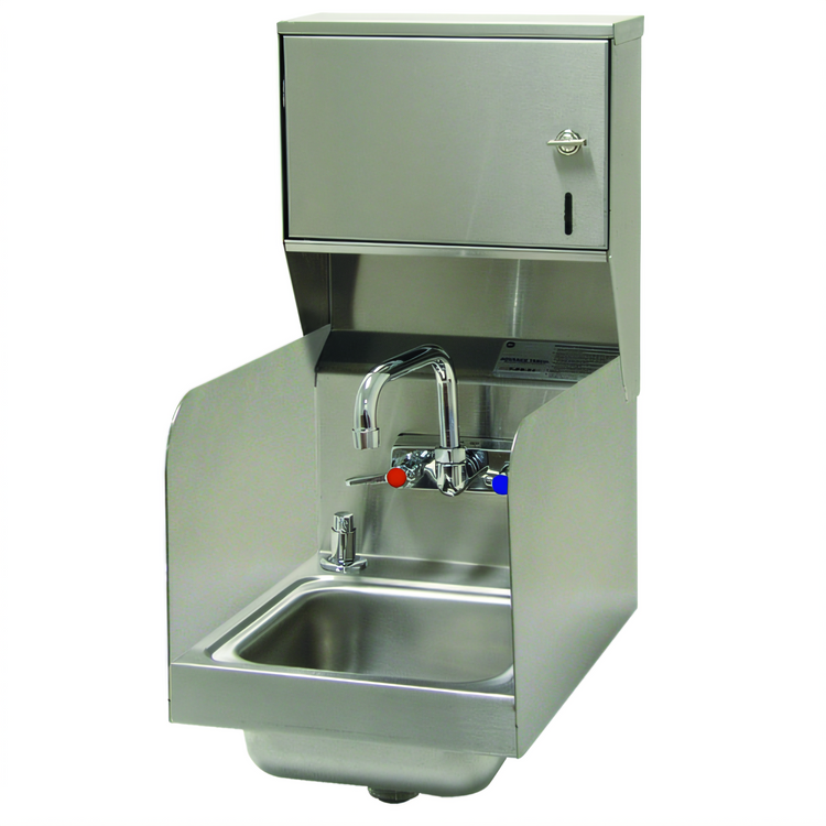 Product image #1 for Advance Tabco 12-Inch Wide Wall-Mounted Hand Sink with Side Splashes, Faucet, Soap and Towel Dispensers, 9 x 9 x 5 Inch Bowl