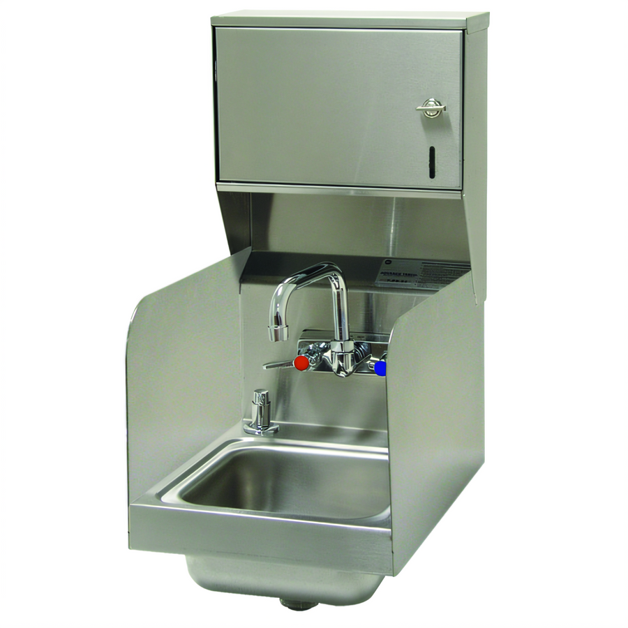 Product image #1 for Advance Tabco 12-Inch Wide Wall-Mounted Hand Sink with Side Splashes, Faucet, Soap and Towel Dispensers, 9 x 9 x 5 Inch Bowl