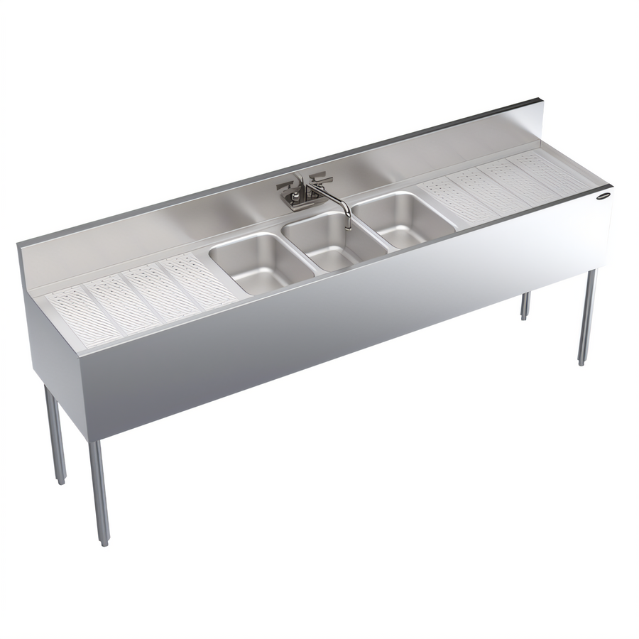 Product image #1 for Krowne Royal Series 84-Inch Wide x 19-Inch Deep Three-Compartment Stainless Steel Underbar Sink Unit with Dual Drainboards and Faucet