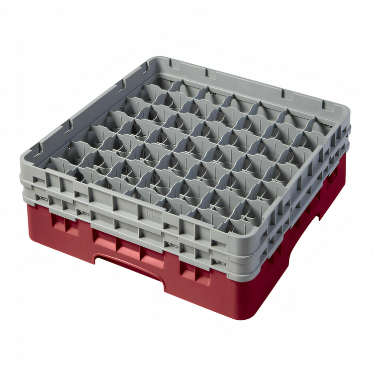 Product image #2 for Cambro Camrack Full Size 49-Compartment Glass Dishwasher Rack, 5-1/4" Max Height, Cranberry, with 2 Soft Gray Extenders