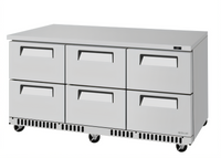 Turbo Air Super Deluxe 72-5/8-Inch Three-Section Undercounter Drawer Refrigerator with 6 Drawers and Front Breathing Airflow