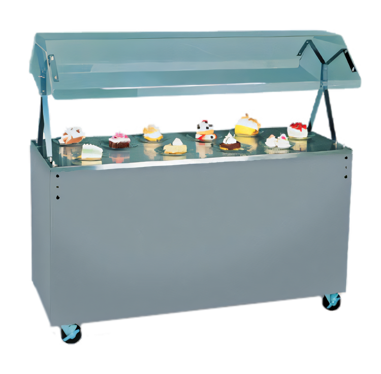 Product image #1 for Vollrath 2-Series Affordable Portable 60-Inch Mobile Utility Station with Seamless Stainless Steel Top, Buffet Breath Guard, Sliding Door Storage Base, and Cherry Woodgrain Base