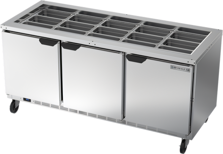 Product image #1 for Beverage-Air SPE72HC-S Three-Section 72-Inch Salad Top Refrigerated Counter with Solid Hinged Doors