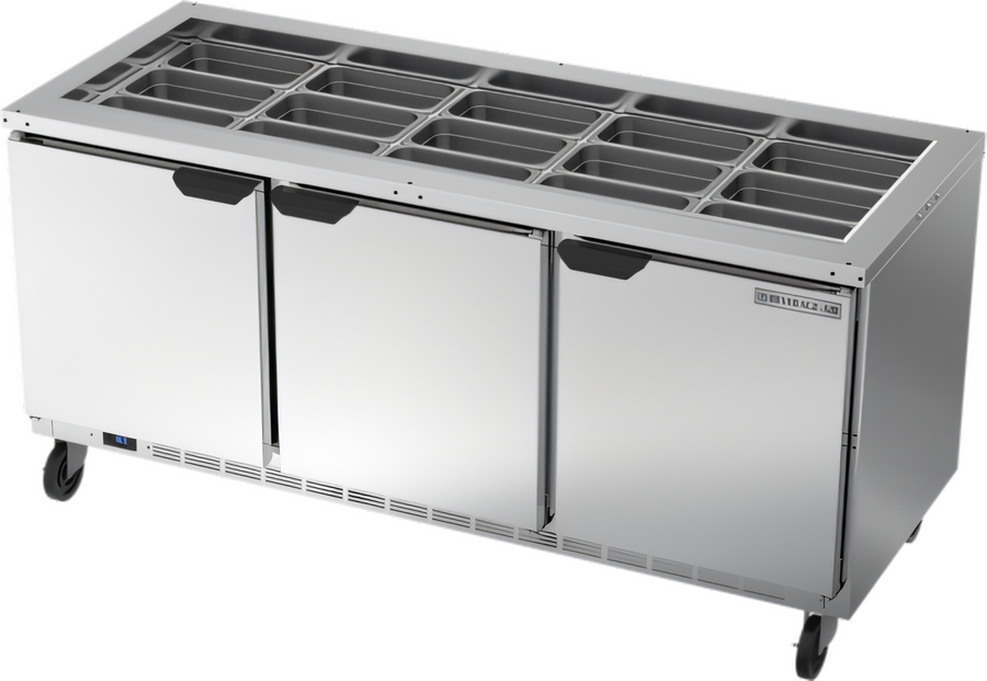 Product image #1 for Beverage-Air SPE72HC-S Three-Section 72-Inch Salad Top Refrigerated Counter with Solid Hinged Doors