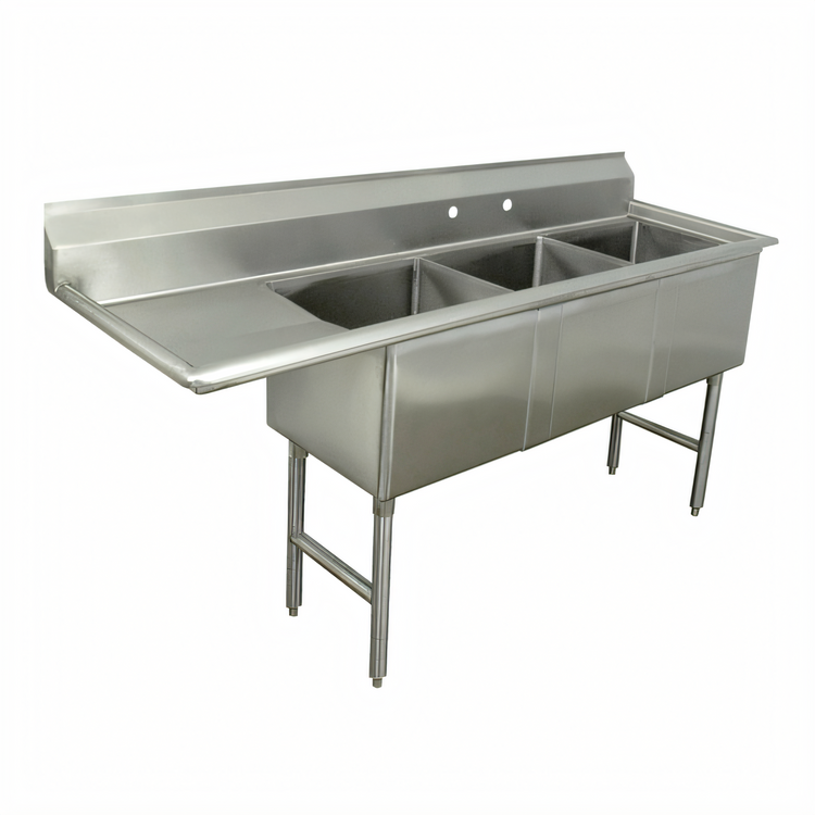 Product image #1 for Advance Tabco Special Value Series 3-Compartment Fabricated Sink with Left Drainboard, 16-Gauge 304 Stainless Steel, 15 x 15 x 14-Inch Bowls