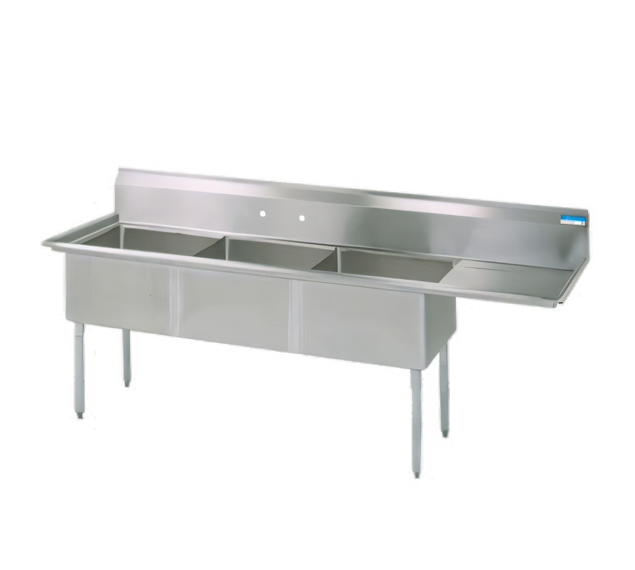 Product image #1 for BK Resources Three-Compartment Stainless Steel Sink with Right Drainboard and 18" x 18" x 12" Bowls