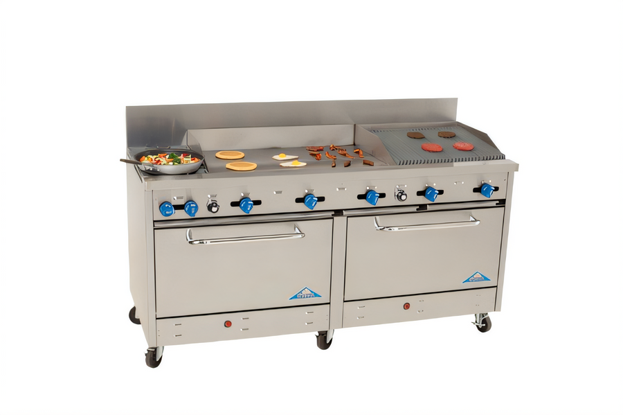Product image #1 for Comstock-Castle 72-Inch Commercial Gas Range with 2 Open Burners, 36-Inch Griddle, 24-Inch Charbroiler, and 2 Ovens