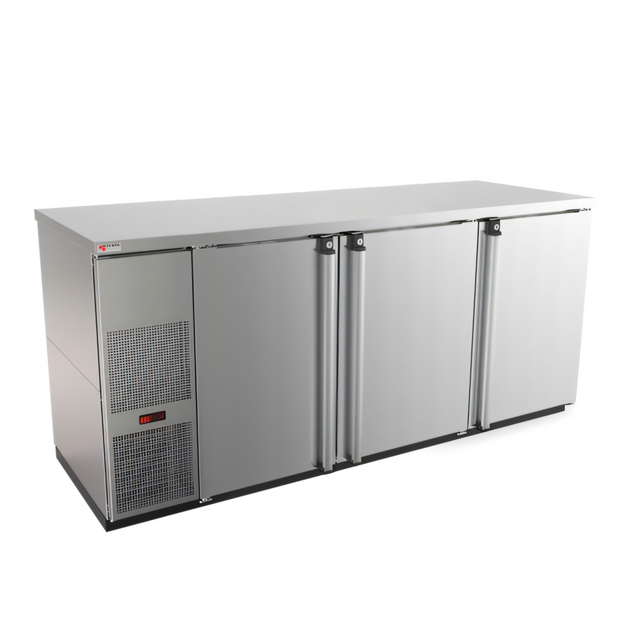 Product image #1 for Pro-Line E-Series 80-Inch Three-Section Stainless Steel Refrigerated Back Bar Cabinet with Solid Locking Doors