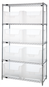 Quantum Stationary Chrome-Plated Wire Shelving System with 5 Shelves and 8 Clear Bins, 42 x 18 x 74 Inches