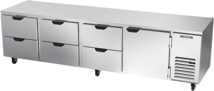 Product image #1 for Beverage-Air Four-Section 119-Inch Undercounter Door/Drawer Refrigerator with 6 Drawers and 1 Solid Door, Side-Mounted Self-Contained