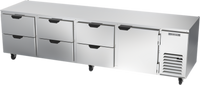 Beverage-Air Four-Section 119-Inch Undercounter Door/Drawer Refrigerator with 6 Drawers and 1 Solid Door, Side-Mounted Self-Contained