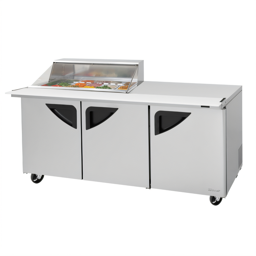 Product image #1 for Turbo Air Super Deluxe Three-Section Refrigerated Sandwich/Salad Mega Top Prep Table with Clear Top and 15-Pan Opening