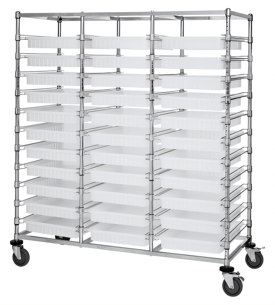 Product image #1 for Quantum Mobile Triple-Bay Bin Cart with 33 Clear Bins, Chrome Plated Finish
