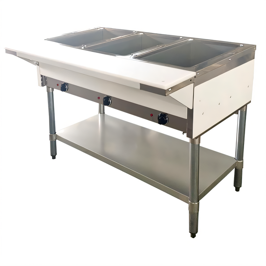 Product image #1 for 44-Inch Open Well Electric Steam Table with Cutting Board and Undershelf, 3-Pan Capacity
