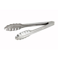 Winco 9-Inch Extra-Heavyweight Stainless Steel Utility Tongs with Scalloped Edge