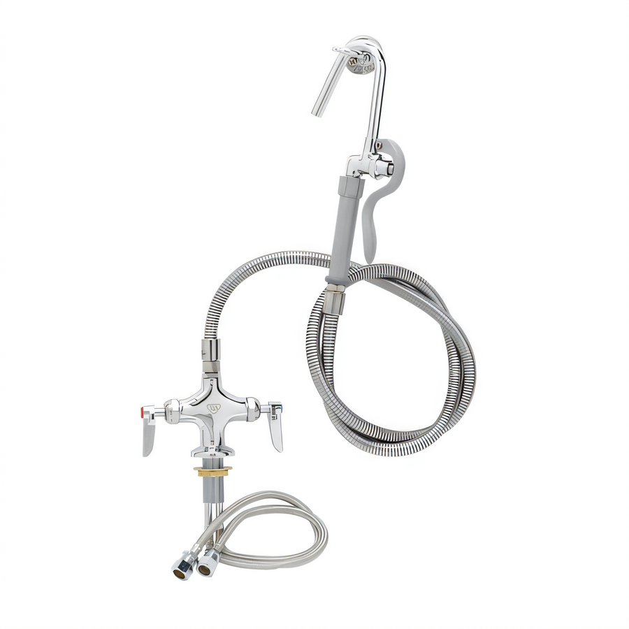 Product image #1 for T&S Brass B-0300-102A Deck-Mounted Double Pantry Base Faucet with 68-Inch Hose and Hook Nozzle