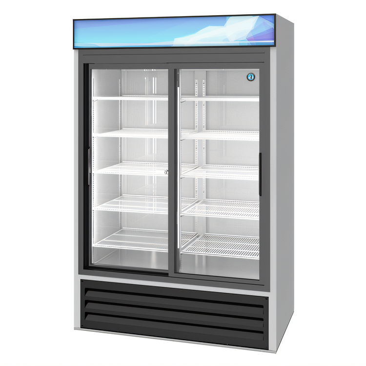 Product image #1 for Hoshizaki Two-Section Sliding Glass Door Merchandiser Refrigerator, 38.26 Cu. Ft., Bottom-Mount Self-Contained, Silver