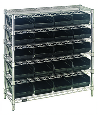 Quantum Conductive Wire Shelving System with 20 Bins and 6 Shelves, 36W x 12D x 36H, Chrome Plated