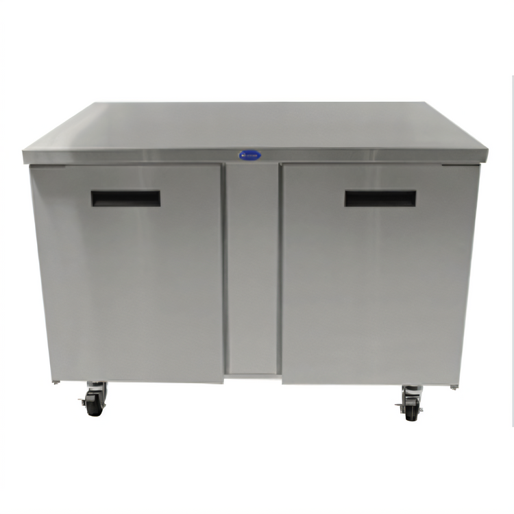 Product image #1 for Randell 48 Inch Two-Section Worktop Freezer with Doors, Stainless Steel, Rear-Mounted Self-Contained R290, 1/2 HP