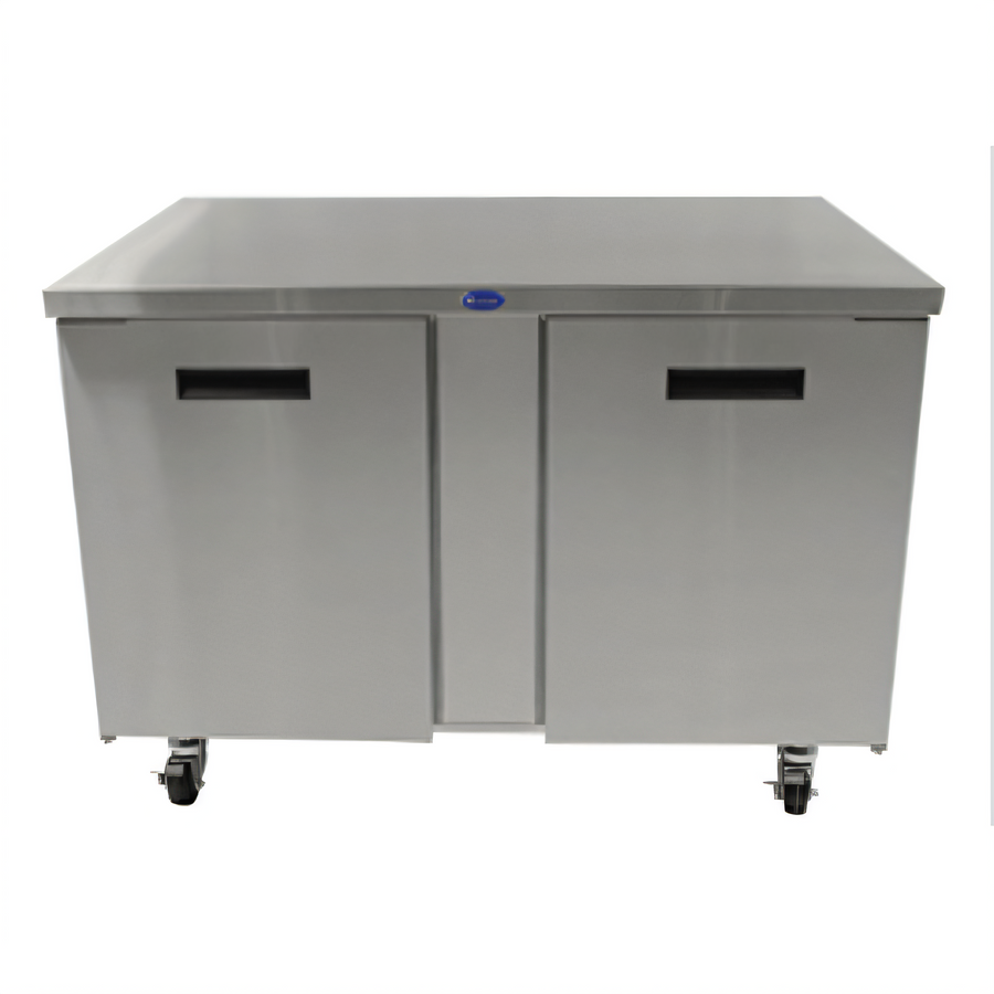 Product image #1 for Randell 48 Inch Two-Section Worktop Freezer with Doors, Stainless Steel, Rear-Mounted Self-Contained R290, 1/2 HP