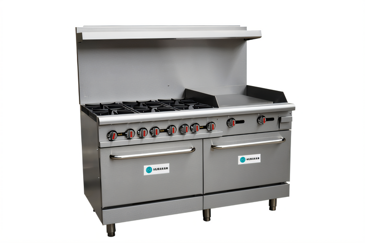 Product image #1 for Hurakan by Equip.me 60-Inch Heavy Duty Commercial Gas Range with 6 Open Burners, Griddle, and 2 Ovens