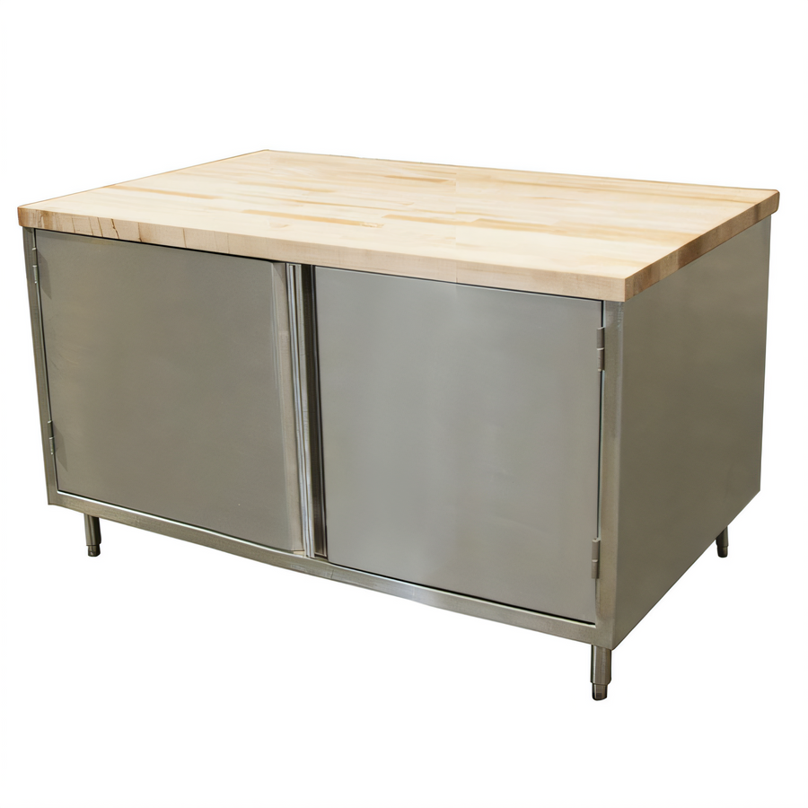 Product image #1 for Hard Maple Top Chef Table with Stainless Steel Cabinet Base and Hinged Doors, 48 x 36 x 34-3/4 Inches