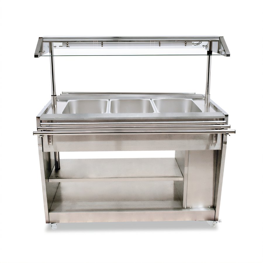 Product image #1 for Omcan USA 48-Inch Mobile Stainless Steel Sealed Well Hot Food Serving Counter / Steam Table with Double-Sided Sneeze Guard