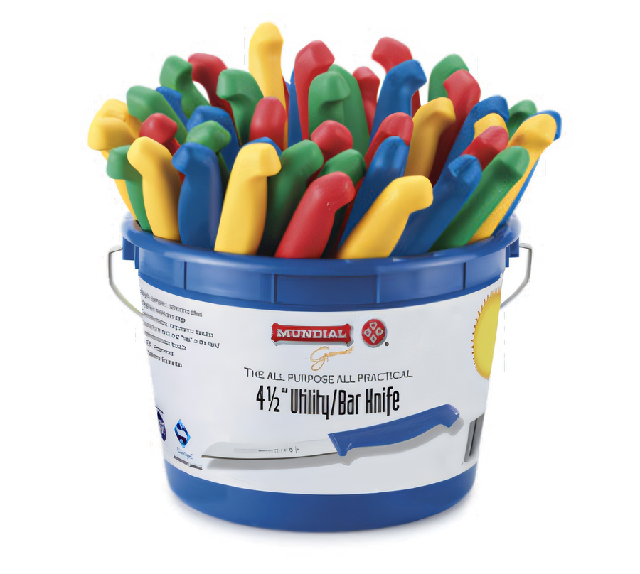 Product image #1 for Mundial 4-1/2 Inch Serrated Edge Utility/Bar Knife with Pointed Tip, Polypropylene Handle, Assorted Colors, 48-Piece Bucket
