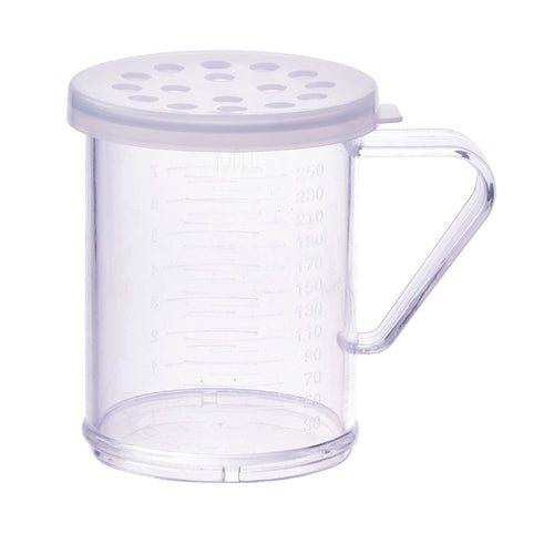 Product image #1 for 10 oz Clear Polycarbonate Shaker/Dredge with Handle and Snap-On Lid, Extra-Large Holes