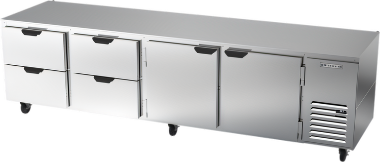 Product image #1 for Beverage-Air Four-Section Undercounter Refrigerator with 4 Drawers and 2 Doors, 119-Inch Wide, Self-Contained Side-Mounted Refrigeration