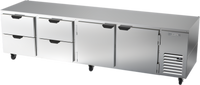 Beverage-Air Four-Section Undercounter Refrigerator with 4 Drawers and 2 Doors, 119-Inch Wide, Self-Contained Side-Mounted Refrigeration