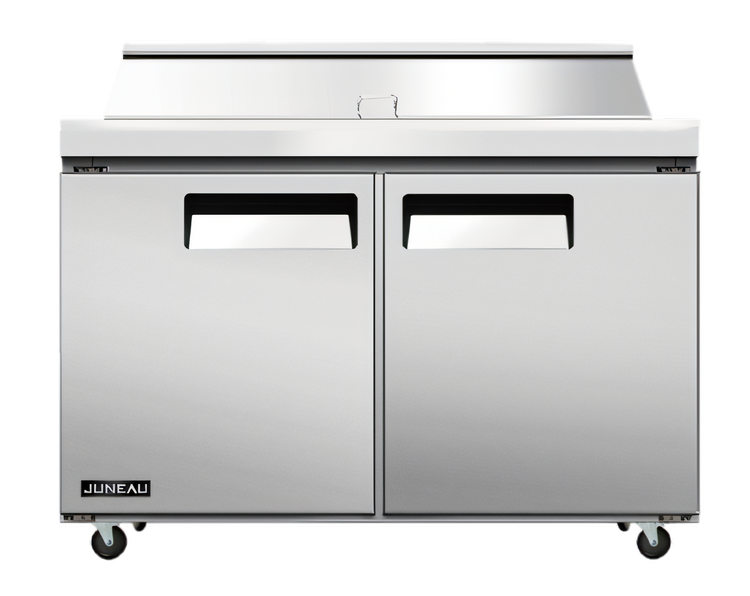 Product image #1 for Juneau 60-Inch Two-Section Refrigerated Prep Table, Rear-Mount Self-Contained, 16 1/6 Pan Capacity