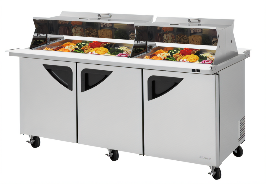 Product image #1 for Turbo Air Super Deluxe 72-5/8-Inch Three-Section Sandwich/Salad Mega Top Prep Table with Dual-Sided Lids