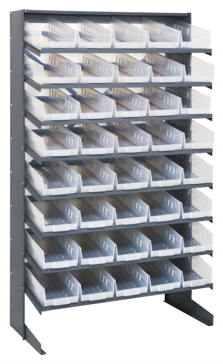 Product image #1 for Quantum Sloped Single-Sided Steel Pick Rack with 8 Shelves and 40 Clear Bins, 36 x 18 x 60 Inches