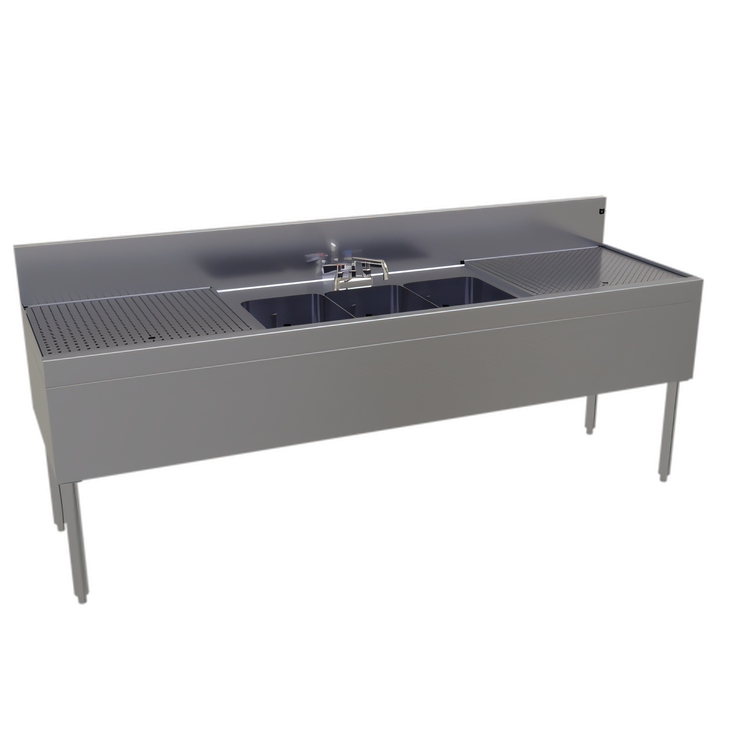 Product image #1 for Glastender Three-Compartment Underbar Sink Unit with Dual Drainboards, 84 Inch W x 24 Inch D, Stainless Steel