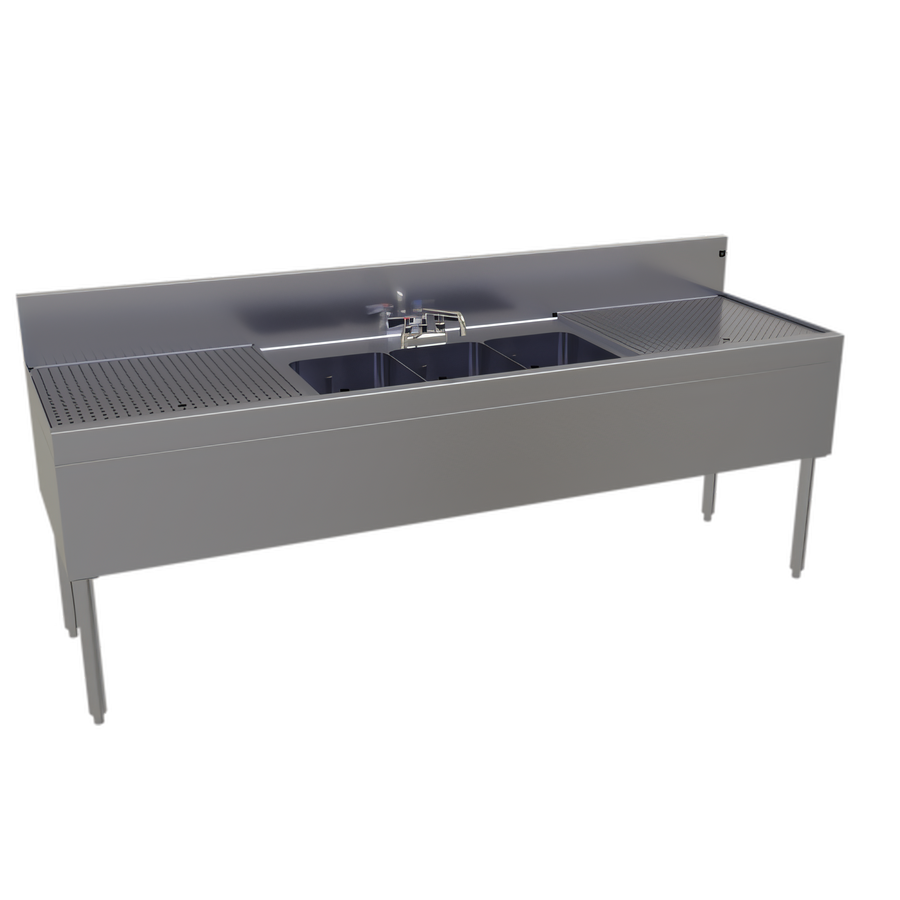 Product image #1 for Glastender Three-Compartment Underbar Sink Unit with Dual Drainboards, 84 Inch W x 24 Inch D, Stainless Steel