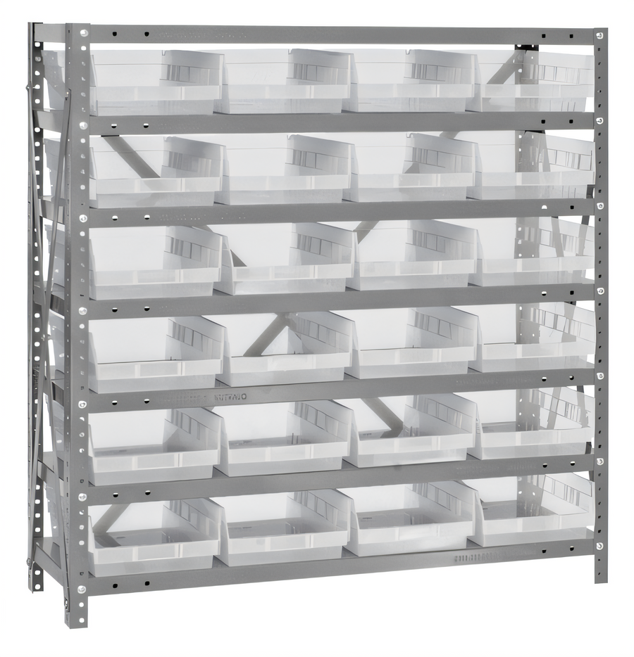 Product image #1 for Quantum Heavy-Duty Stationary Wire Shelving Unit with 7 Shelves and 24 Clear Bins, 36 x 18 x 39 Inches