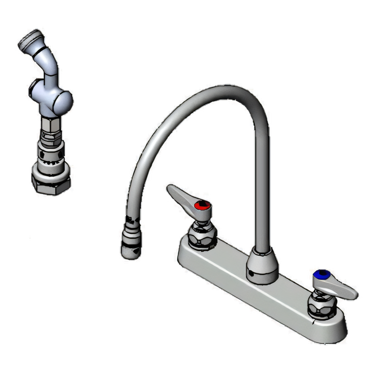 Product image #1 for T&S Brass B-1172-T Deck-Mount Workboard Faucet with 8-Inch Centers, Gooseneck, Diverter, Side Spray and Rose Spray